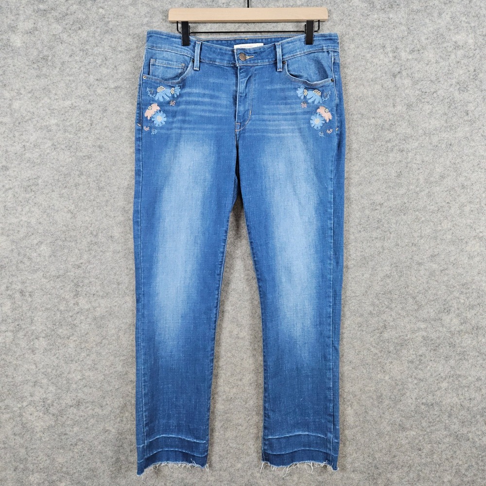 Levi's Mid Rise Skinny Jeans Women's Size 32 Embroidered Floral Frayed Hem Blue